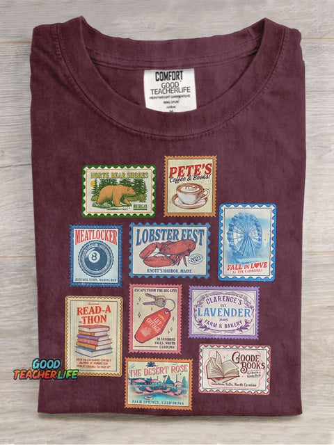 Books Stamp Casual Print T-shirt