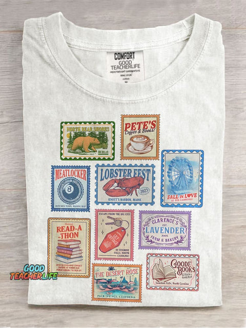 Books Stamp Casual Print T-shirt