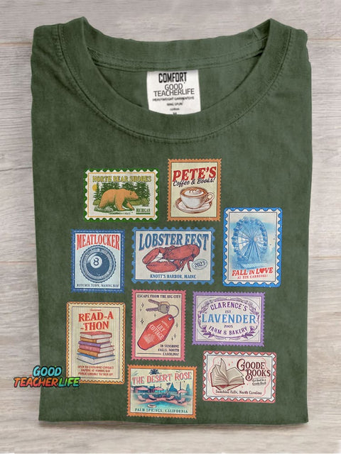 Books Stamp Casual Print T-shirt