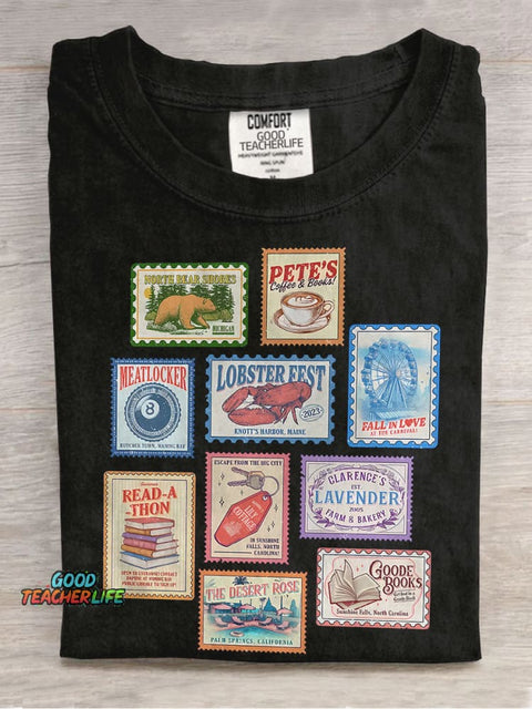 Books Stamp Casual Print T-shirt