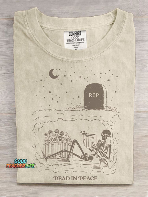 Read In Peace Graveyard Skeleton Casual Print T-shirt