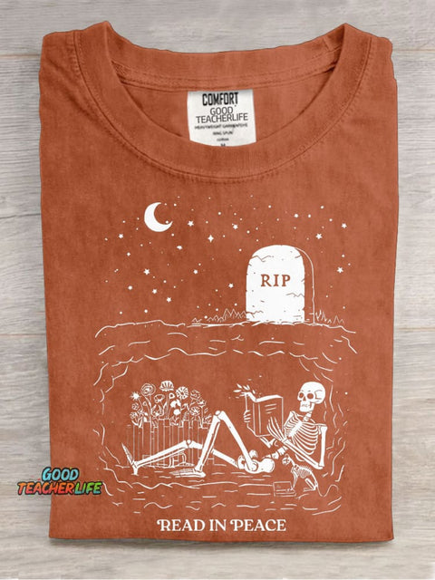 Read In Peace Graveyard Skeleton Casual Print T-shirt