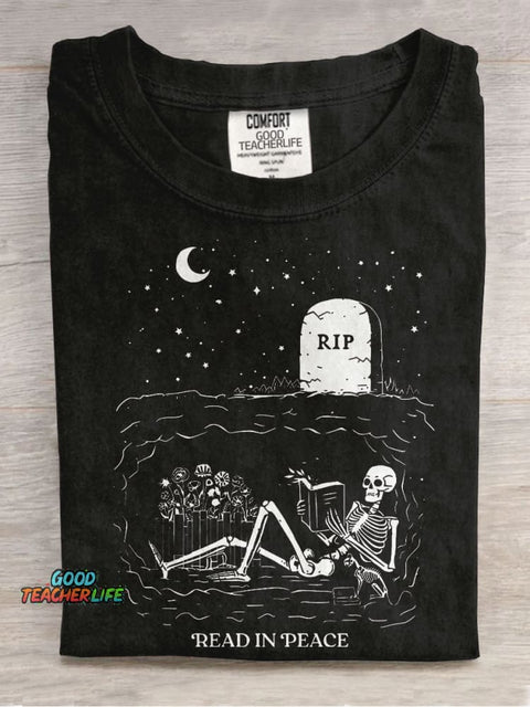 Read In Peace Graveyard Skeleton Casual Print T-shirt