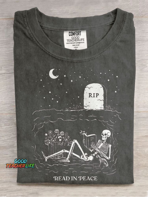 Read In Peace Graveyard Skeleton Casual Print T-shirt