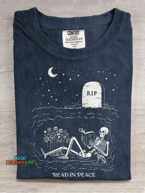 Read In Peace Graveyard Skeleton Casual Print T-shirt