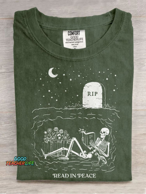 Read In Peace Graveyard Skeleton Casual Print T-shirt
