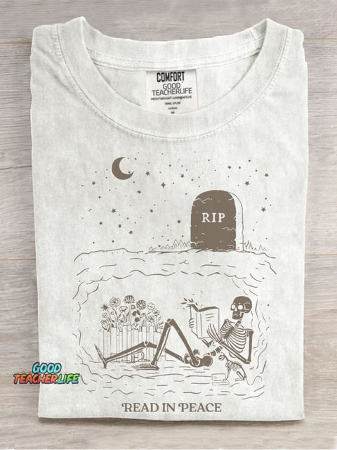 Read In Peace Graveyard Skeleton Casual Print T-shirt