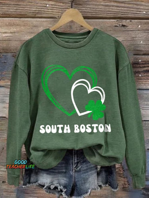 Retro St Patrick's Day Love Heart Shamrock South Boston Print Sweatshirt