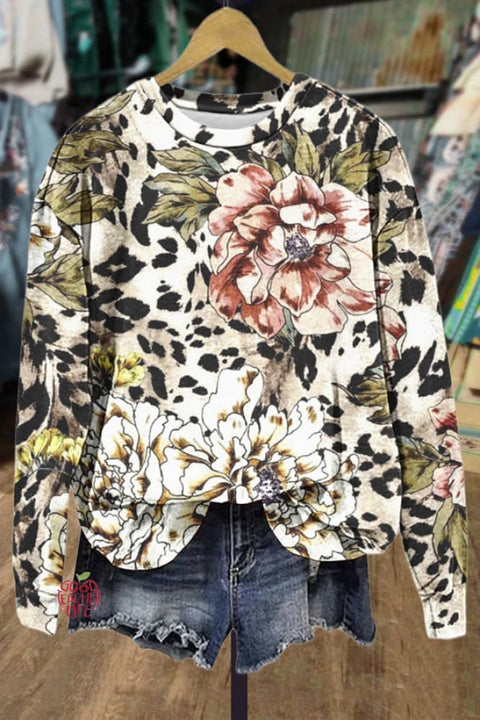 Leopard Floral Print Long Sleeve Sweatshirt