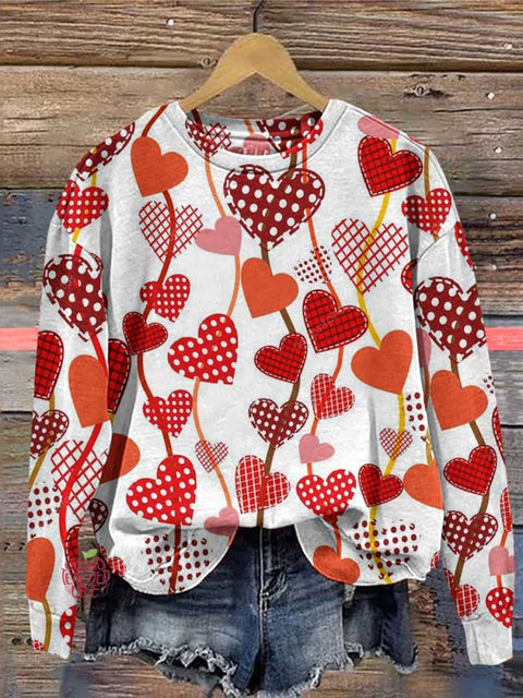 Women's Valentine's Day Heart Love Flower Print Casual Sweater