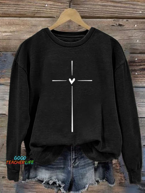 Women's Christian Cross Printed Round Neck Long Sleeve Sweatshirt