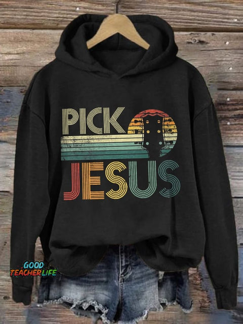 Retro Pick Jesus Guitar Worship Print Hoodie
