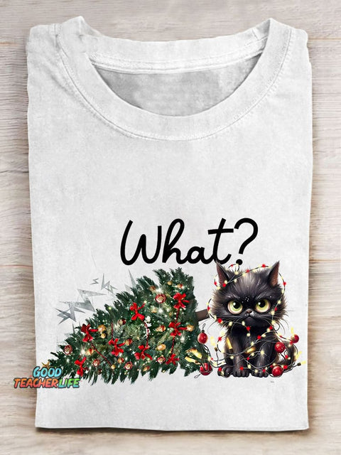 What? Funny Cat Printed Crew Neck Women's T-shirt