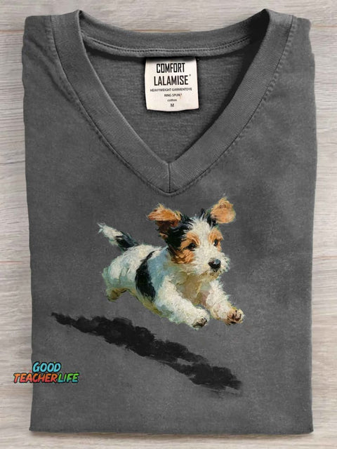 Dog Running In Grass Art V-neck Casual T-shirt