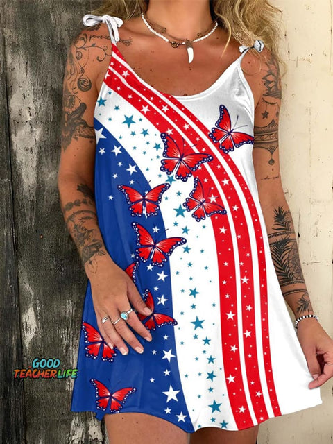 Independence Day Butterfly Print Casual Tie Dress