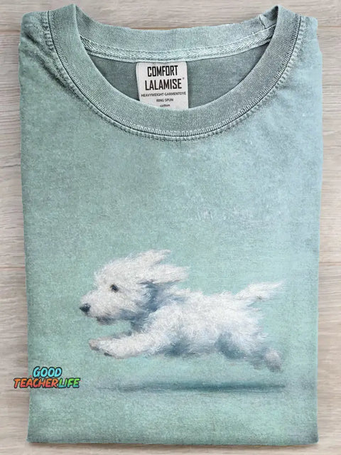 Funny Retro Cute Running White Dog Art Print Casual Cotton Short Sleeve T-shirt