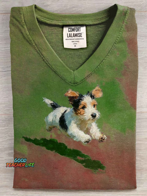 Dog Running In Grass Art V-neck Casual T-shirt