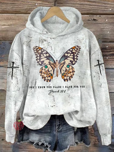 Women's Retro Gradient Faith Butterfly Flower Hooded Sweatshirt