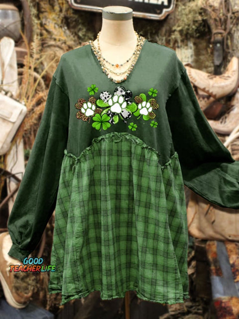 St. Patrick's Day Shamrock Art Print Plaid Stitching Sweatshirt