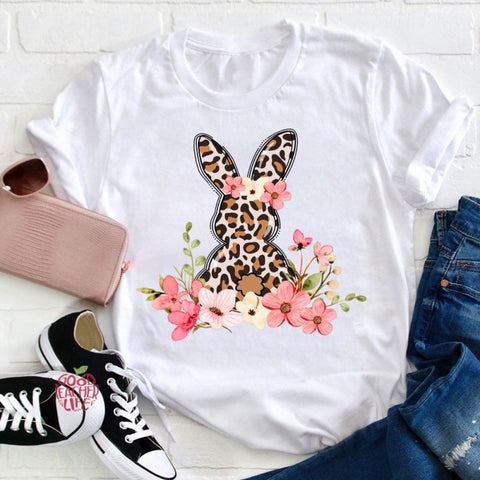 Leopard Floral Bunny Teacher T-Shirt