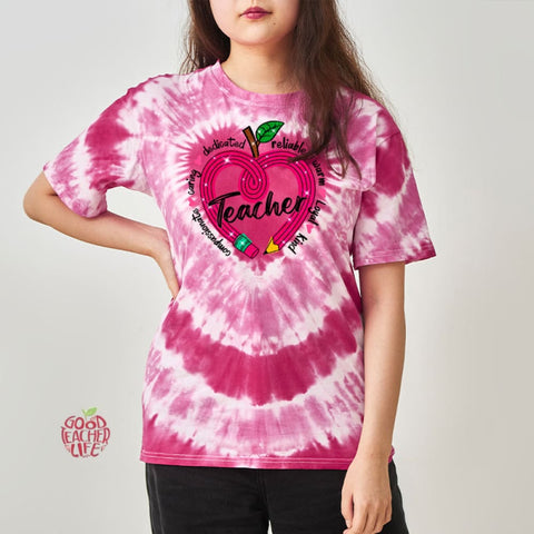 Glitter Apple Pencil Heart Teacher Tie-dye T-Shirt