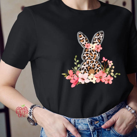 Leopard Floral Bunny Teacher T-Shirt