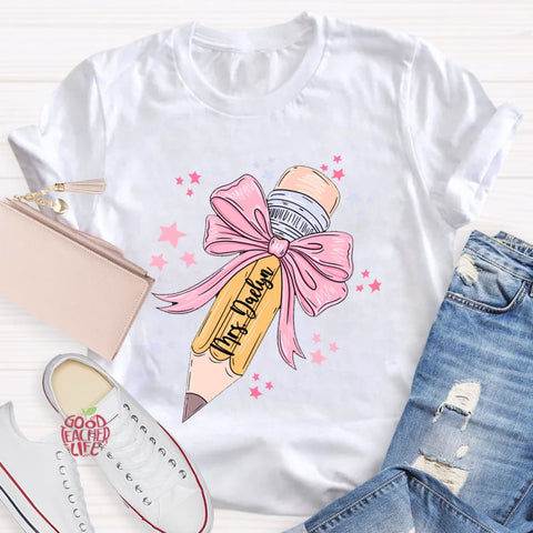 Personalized Name Pink Pencil Teacher T-Shirt