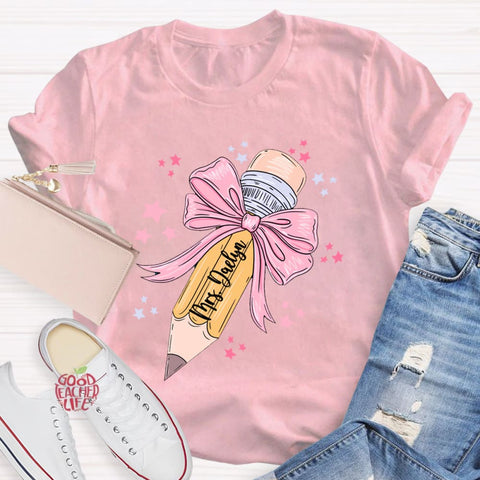 Personalized Name Pink Pencil Teacher T-Shirt