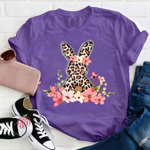 Leopard Floral Bunny Teacher T-Shirt