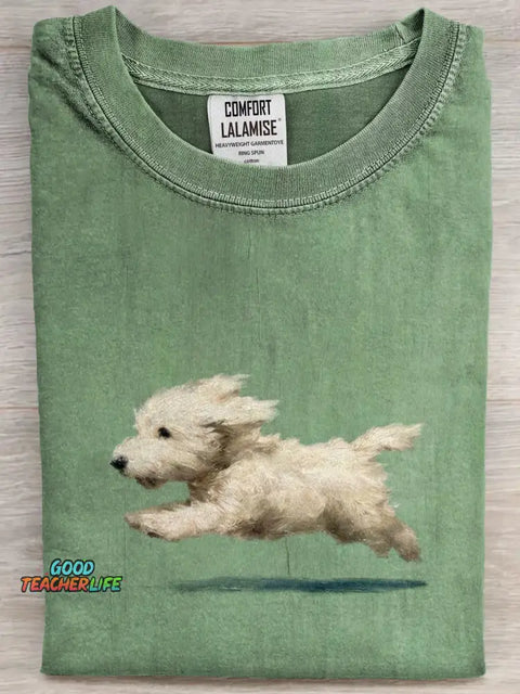 Funny Retro Cute Running White Dog Art Print Casual Cotton Short Sleeve T-shirt