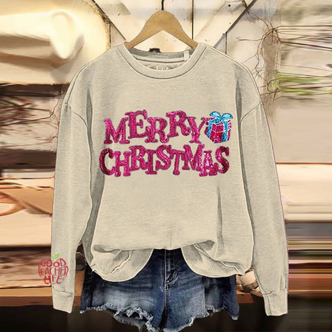 Merry Christmas Embroidered Crew Neck Sweatshirt