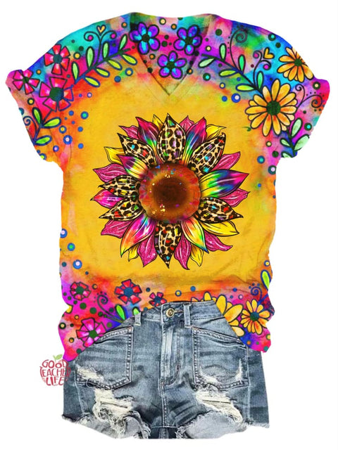 Sunflower Tie Dye Print V Neck T-shirt