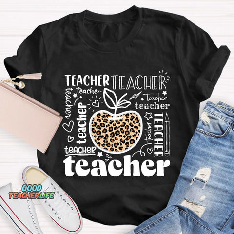 Teacher Various Fonts Various Fonts Leopard Apple T-Shirt