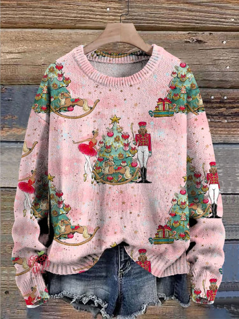 Christmas Cute Princess Soldier Tree Decorations Art Print Casual Knit Pullover Sweater