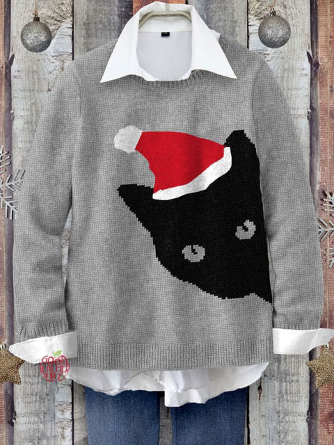 Christmas Black Cat Art Print Knit Pullover Sweater