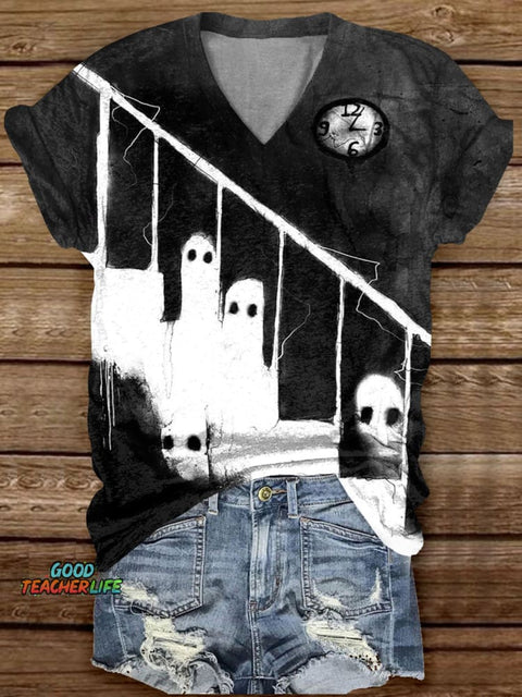 Ghosts sitting on Stairs Horror Art Print Casaul V-neck Casual T-Shirt