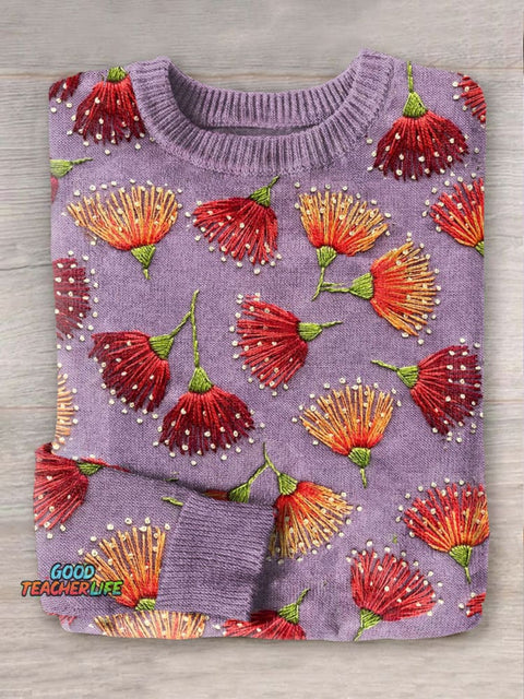 Floral Art Print Knit Pullover Sweater