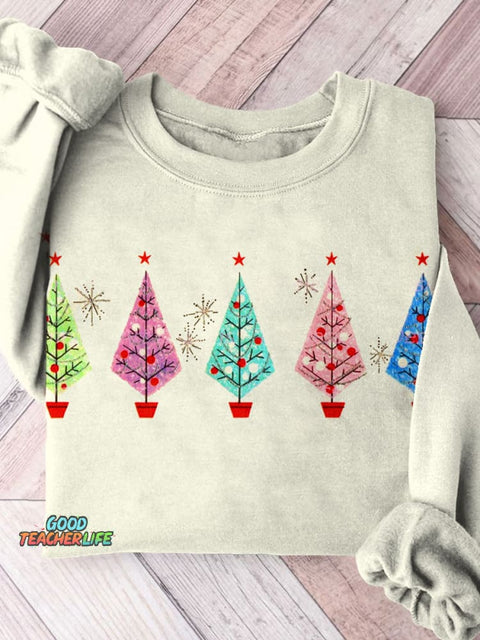 Retro Christmas Tree Art Print Casual  Sweatshirt