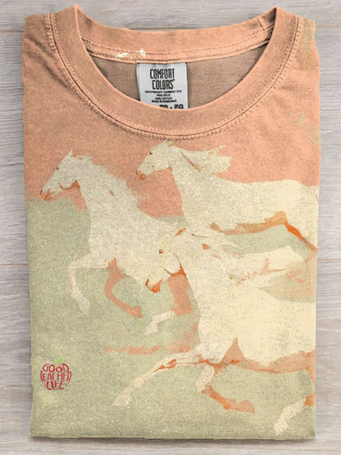 Vinatge Horse Art Print Casaul Short Sleeve T-shirt