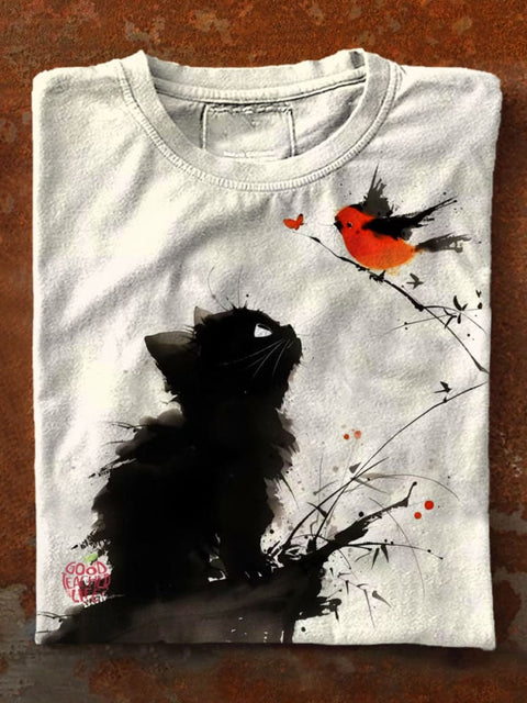 Cat With Bird Art Print Casaul Short Sleeve T-shirt