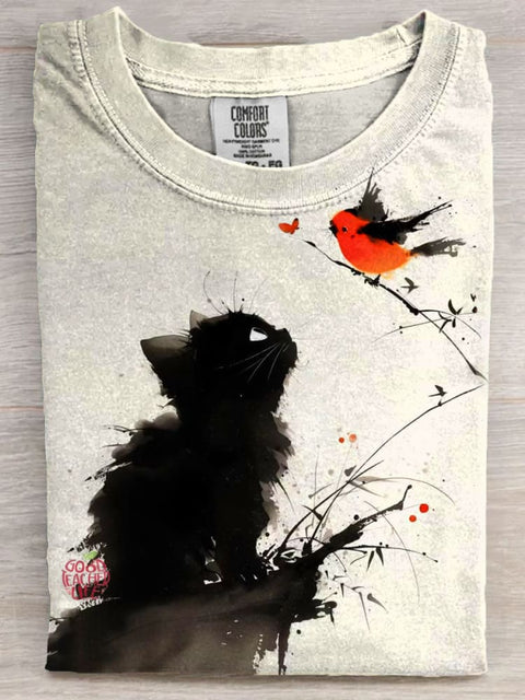 Cat With Bird Art Print Casaul Short Sleeve T-shirt