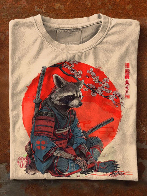 Raccoon Samurai Art Print Casaul Short Sleeve T-shirt