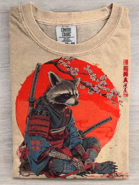 Raccoon Samurai Art Print Casaul Short Sleeve T-shirt