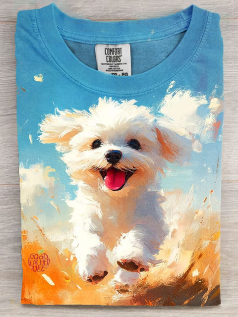 Happy Dog Art Print Casaul Short Sleeve T-shirt