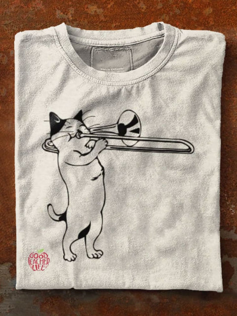 Cute cat playing trombone music instruments Art Print Casaul Short Sleeve T-shirt