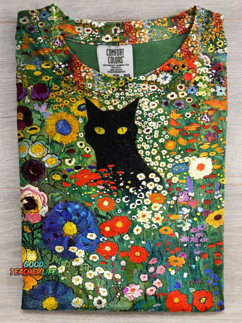 Cat In Floral Garden Art Print Casaul Short Sleeve T-shirt