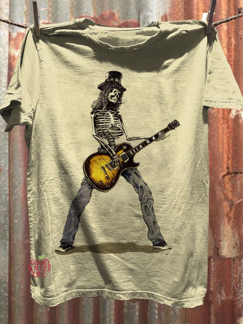 Retro Punk Skeleton plays guitar Art Print Casual Short Sleeve T-shirt