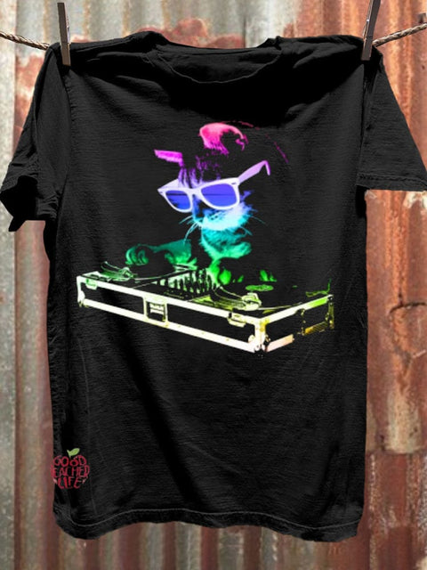 Rainbow DJ Kitty Art Casaul Short Sleeve T-shirt