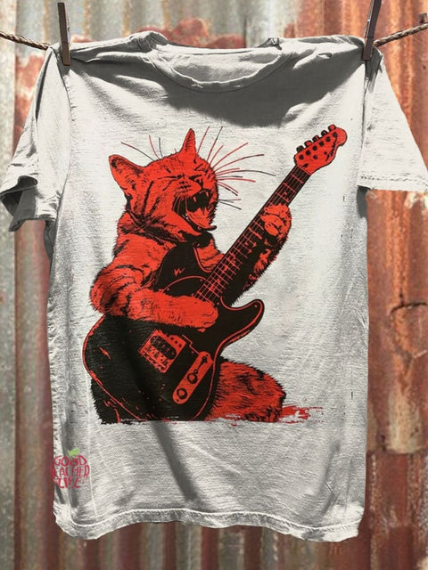 Funny Rock Cat Art Casaul Short Sleeve T-shirt