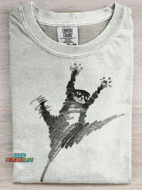 Funny Cat Sketch Art Print Casaul Short Sleeve T-shirt